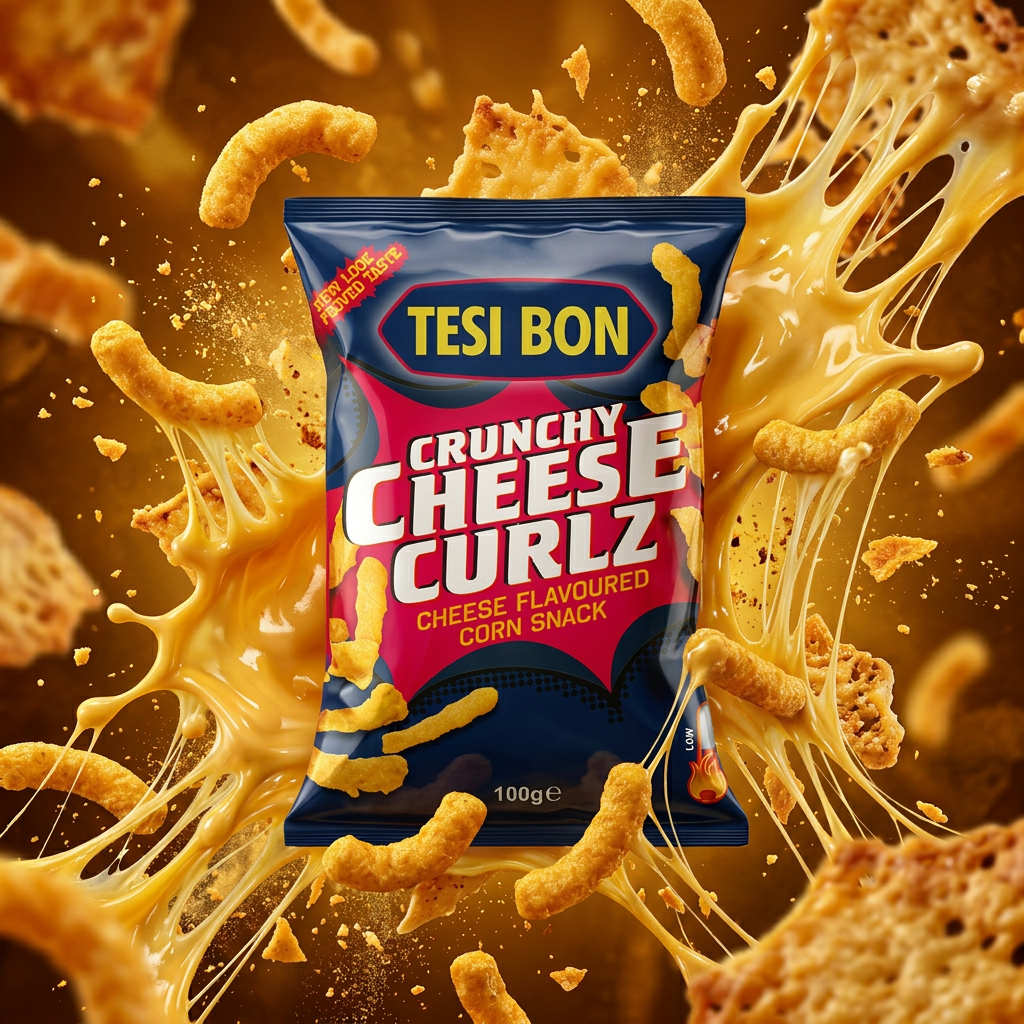 Autour du paquet de snack salé Tesi Bon Crunchy Cheese Curlz en lévitation, dans un univers dynamique, gravitent des chips, des éclats de chips et du fromage grillé, ainsi que des éclaboussures et des filets de fromage fondu – disponible sur My American Shop