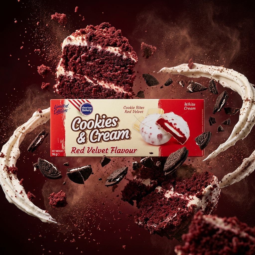 Cookie américain American Bakery Red Velvet Cookies & Cream, biscuit fondant cacao et crème, disponible sur My American Shop