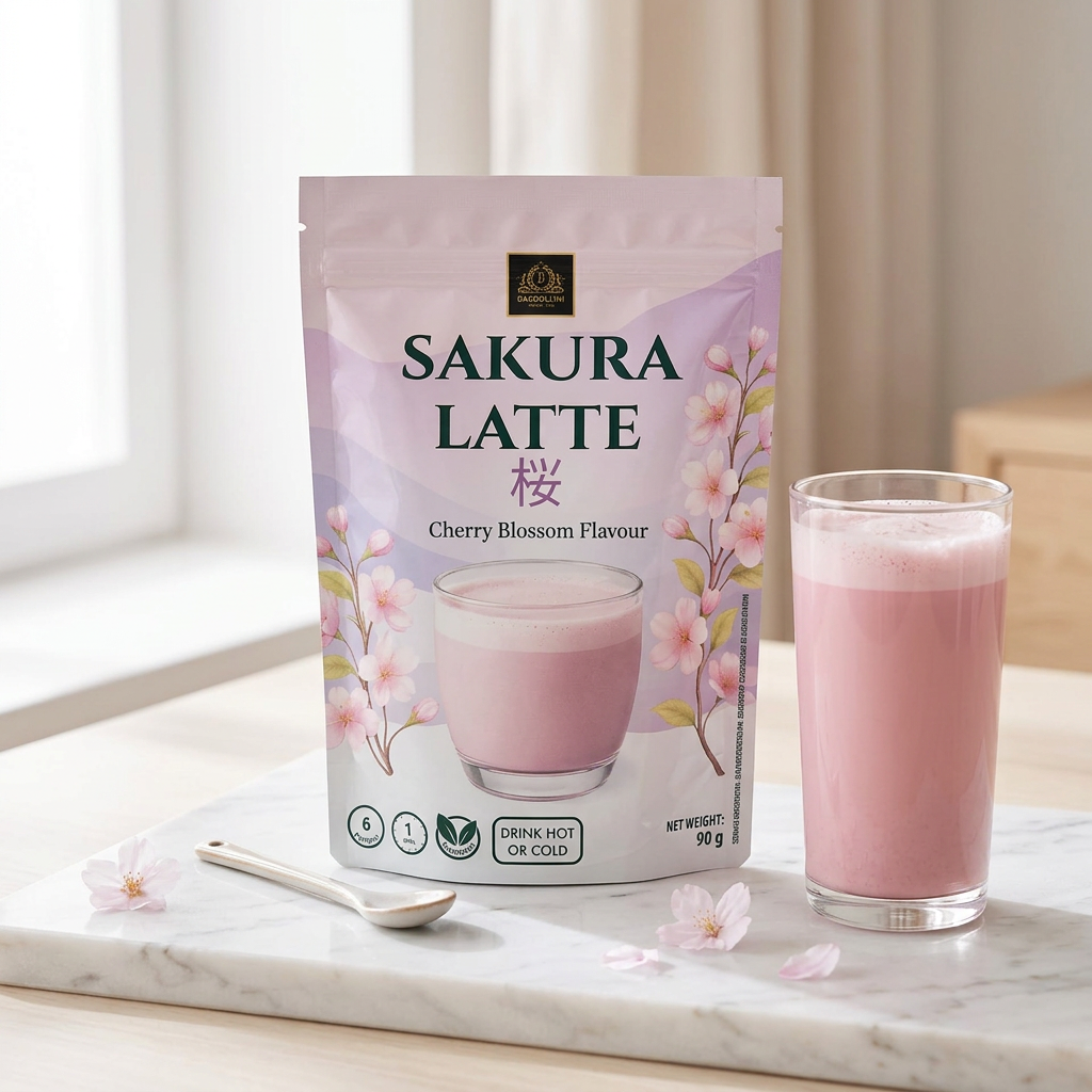 Bardollini Sakura Latte, poudre instantanée pour latte crémeux saveur fleur de cerisier japonaise, teinte rosée naturelle à la betterave rouge, texture veloutée façon barista, disponible sur My American Shop.
