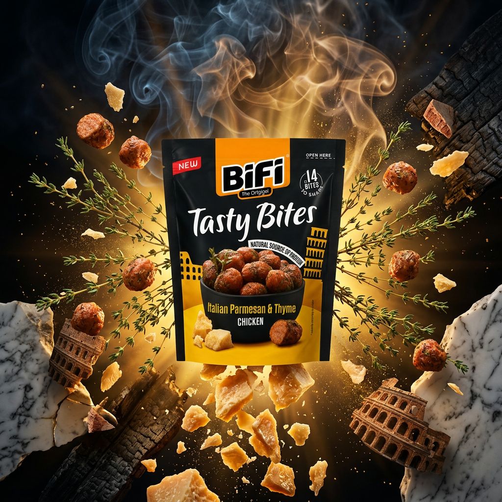 BiFi Tasty Bites Chicken Parmesan Thym, bouchées de poulet fumées, snack carné allemand, disponible sur My American Shop
