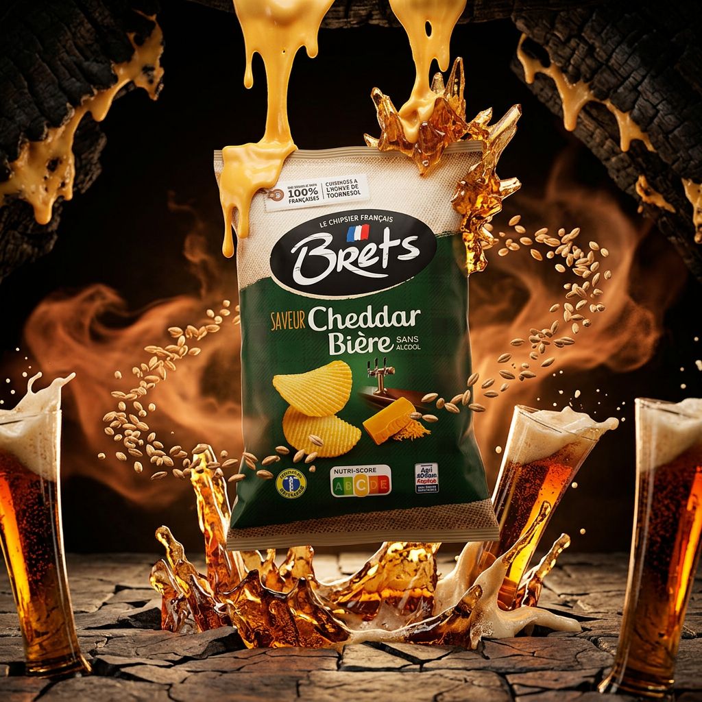 Chips Brets Flavour Cheddar Biere, sachet format snack premium, saveur fromagere et maltee, disponible sur My American Shop
