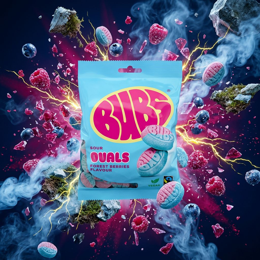 Bubs Godis Goody Sour Ovals framboise myrtille, bonbons acidulés suédois en sachet, disponible sur My American Shop