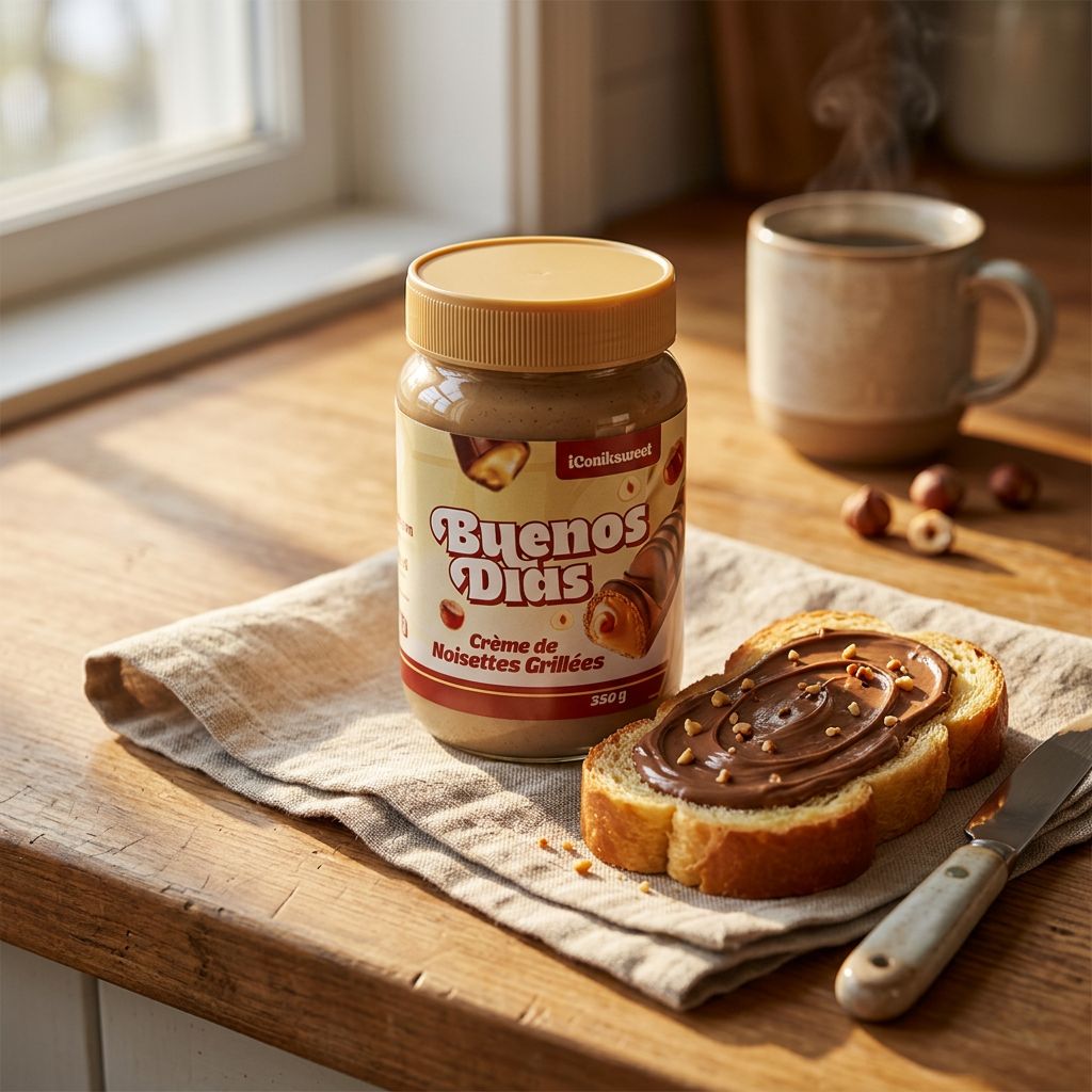 Buenos Dias Roasted Hazelnut Cream, pâte à tartiner noisette torréfiée importée, pot 350g, disponible sur My American Shop
