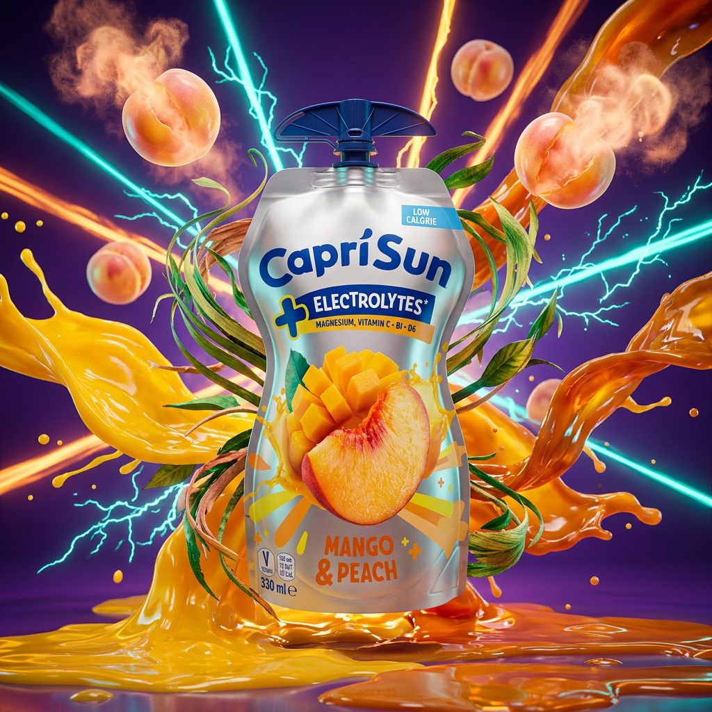 Capri Sun Electrolytes Mango Peach, boisson fruitée tropicale avec électrolytes, disponible sur My American Shop