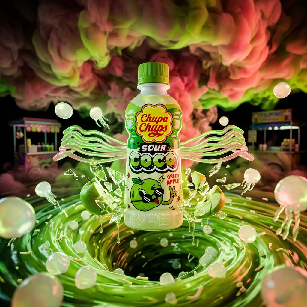 Chupa Chups Sour Coco Pomme Verte, soda acidulé avec morceaux de nata de coco, importé d'Asie, disponible sur My American Shop