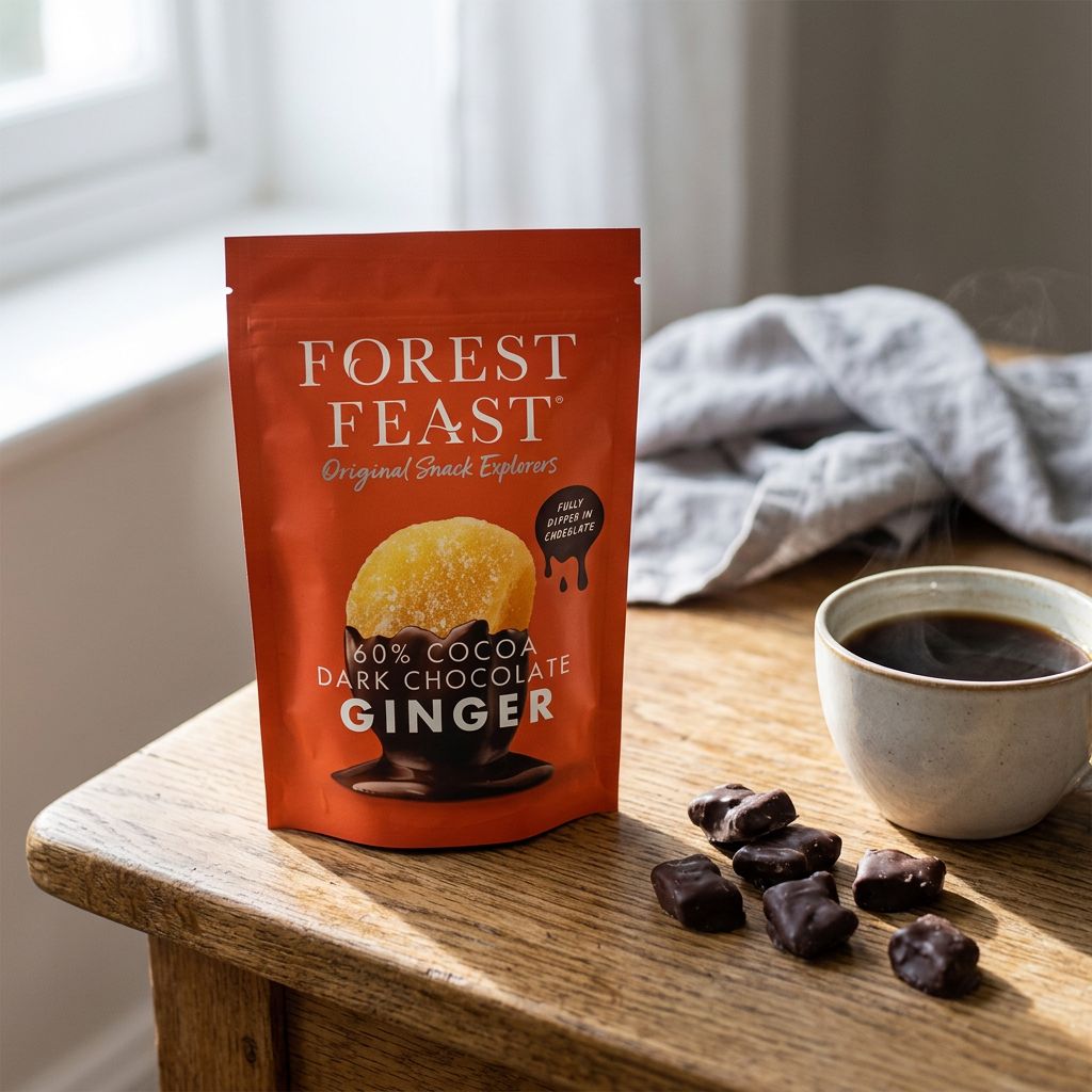 Forest Feast Dark Chocolate Ginger, gingembre confit enrobé de chocolat noir premium, disponible sur My American Shop