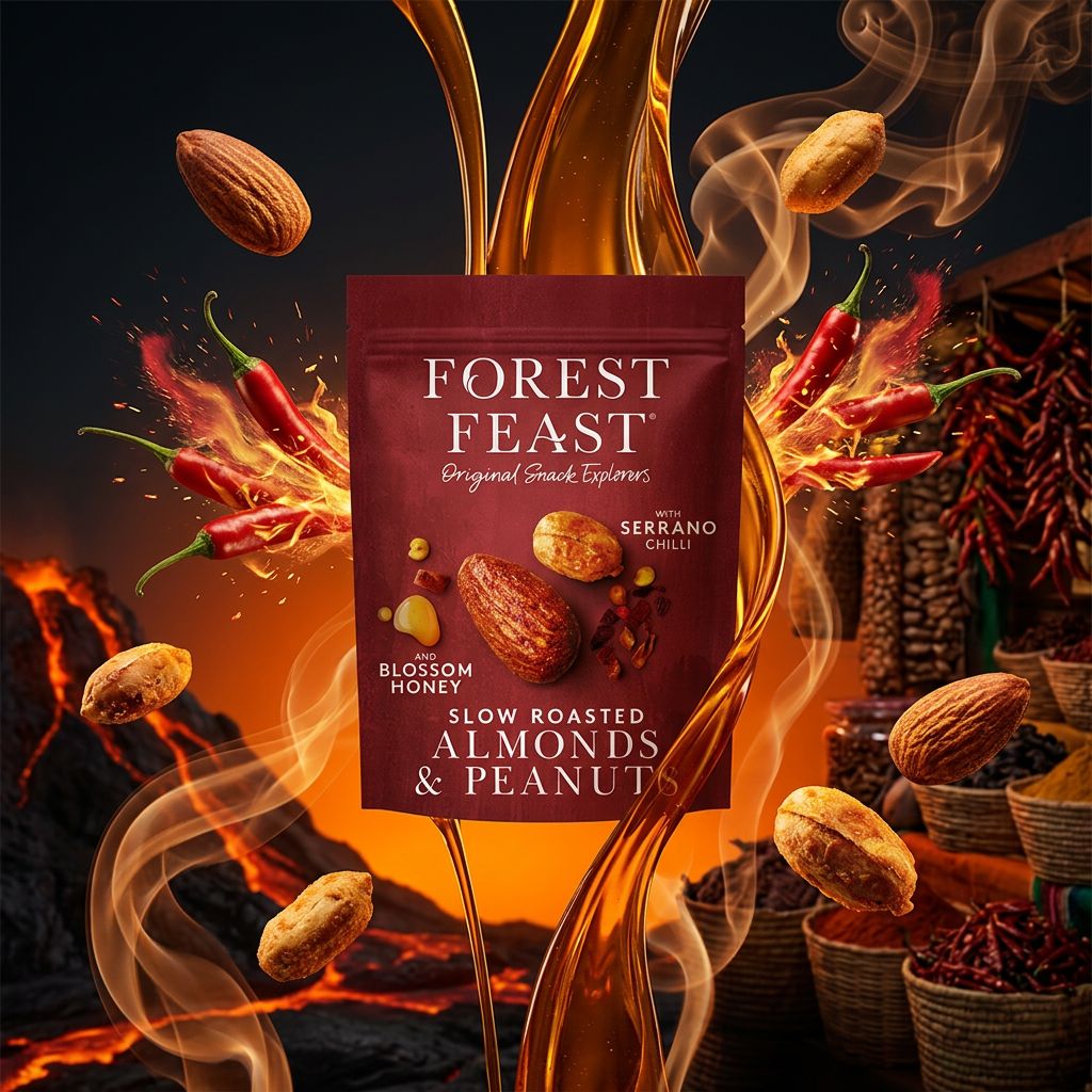 Forest Feast Serrano Chilli Honey Amandes Cacahuètes, snack sucré-piquant irlandais premium, disponible sur My American Shop