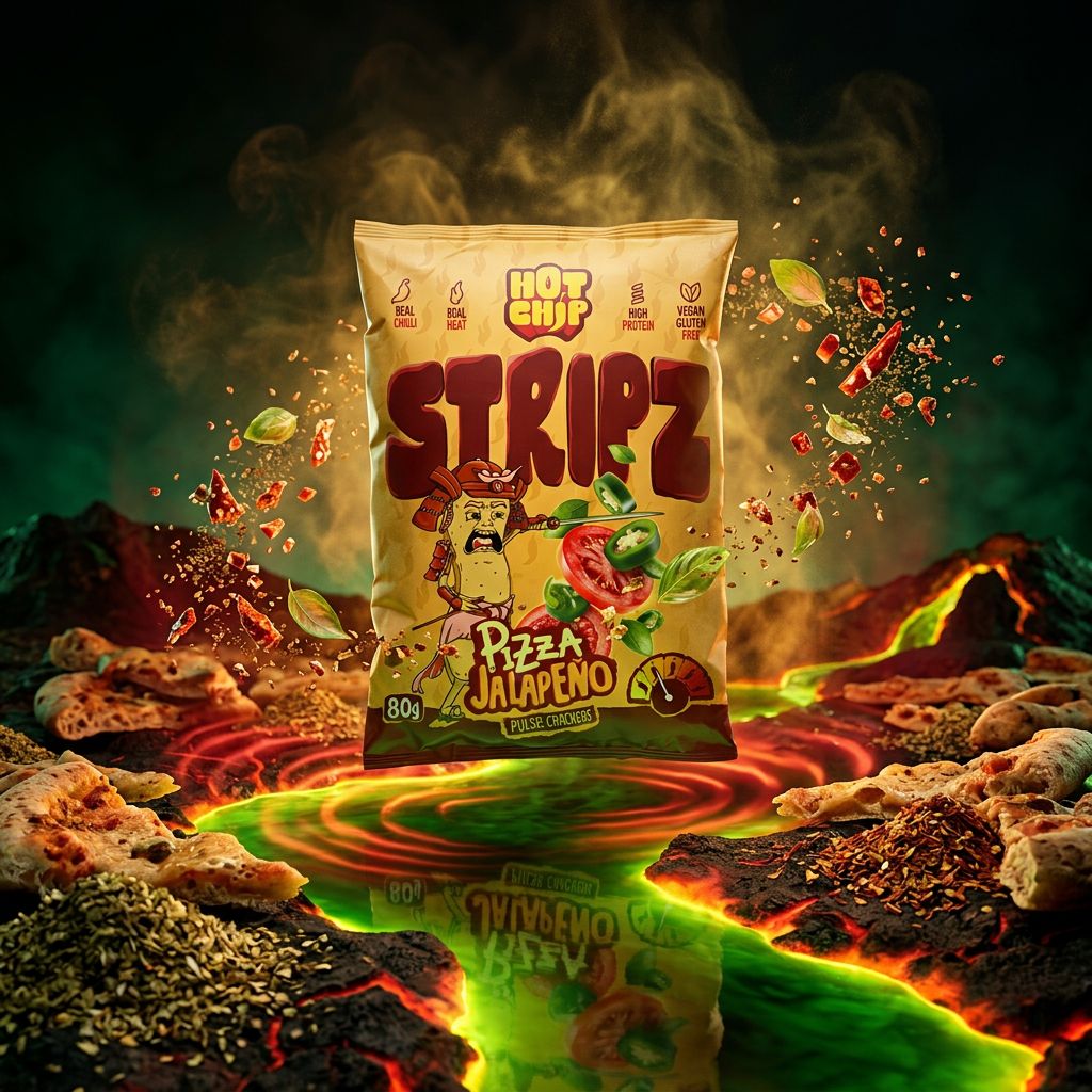 Hot Chip Stripz Pizza Jalapeño, snack épicé format bâtonnets base pois, disponible sur My American Shop
