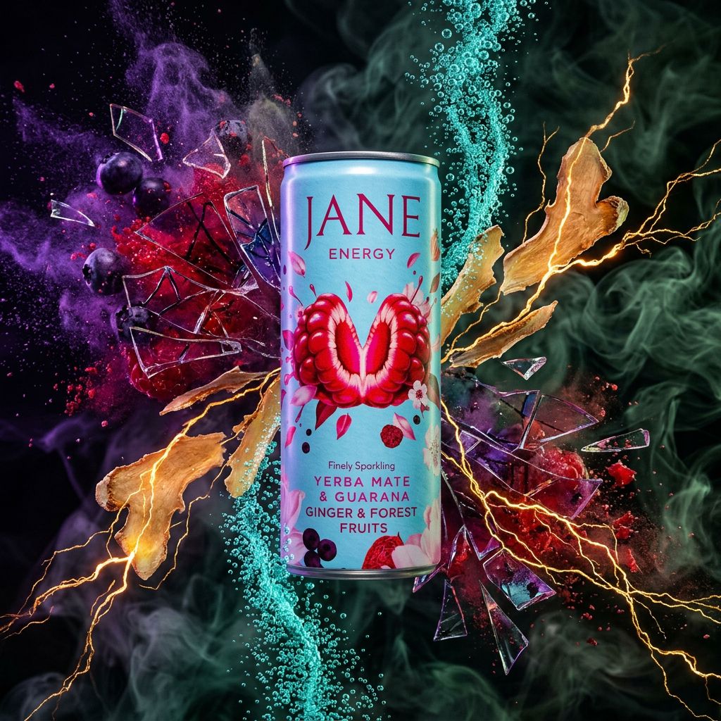 Canette Jane Energy Ginger & Forest Fruits, boisson énergisante pétillante au gingembre et fruits des bois, disponible sur My American Shop
