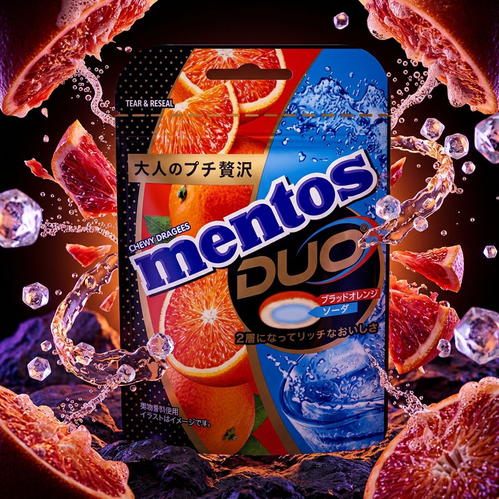 Mentos Duo Soft Candy Orange Sanguine et Soda, bonbon mâchable bicolore format pocket, disponible sur My American Shop