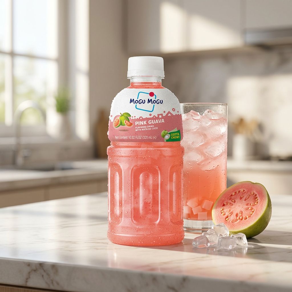 Mogu Mogu Pink Guava, boisson thaïlandaise 320ml aux cubes de nata de coco, disponible sur My American Shop
