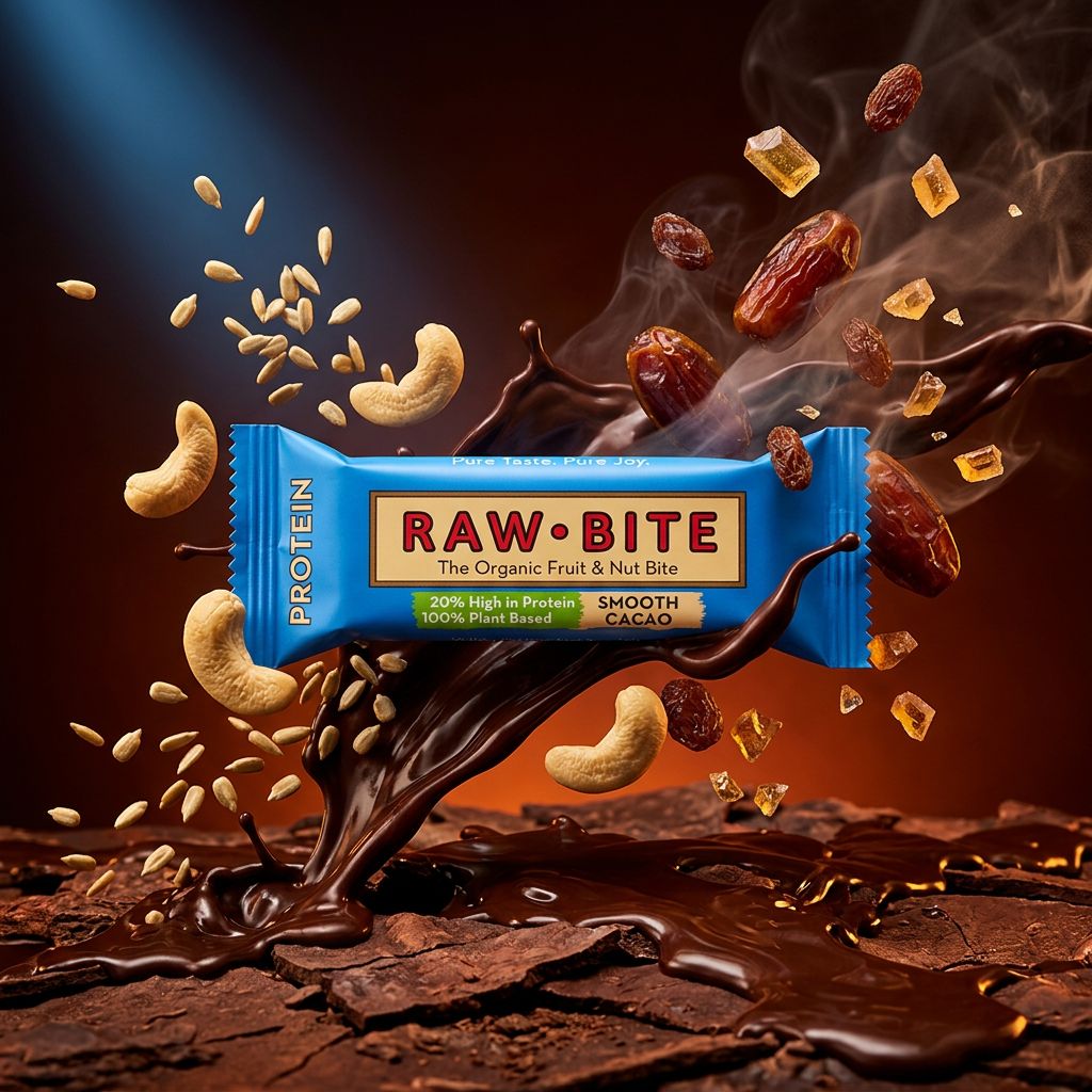 Barre protéinée bio Rawbite Organic Protein Smooth Cacao, vegan, 21g protéines, disponible sur My American Shop