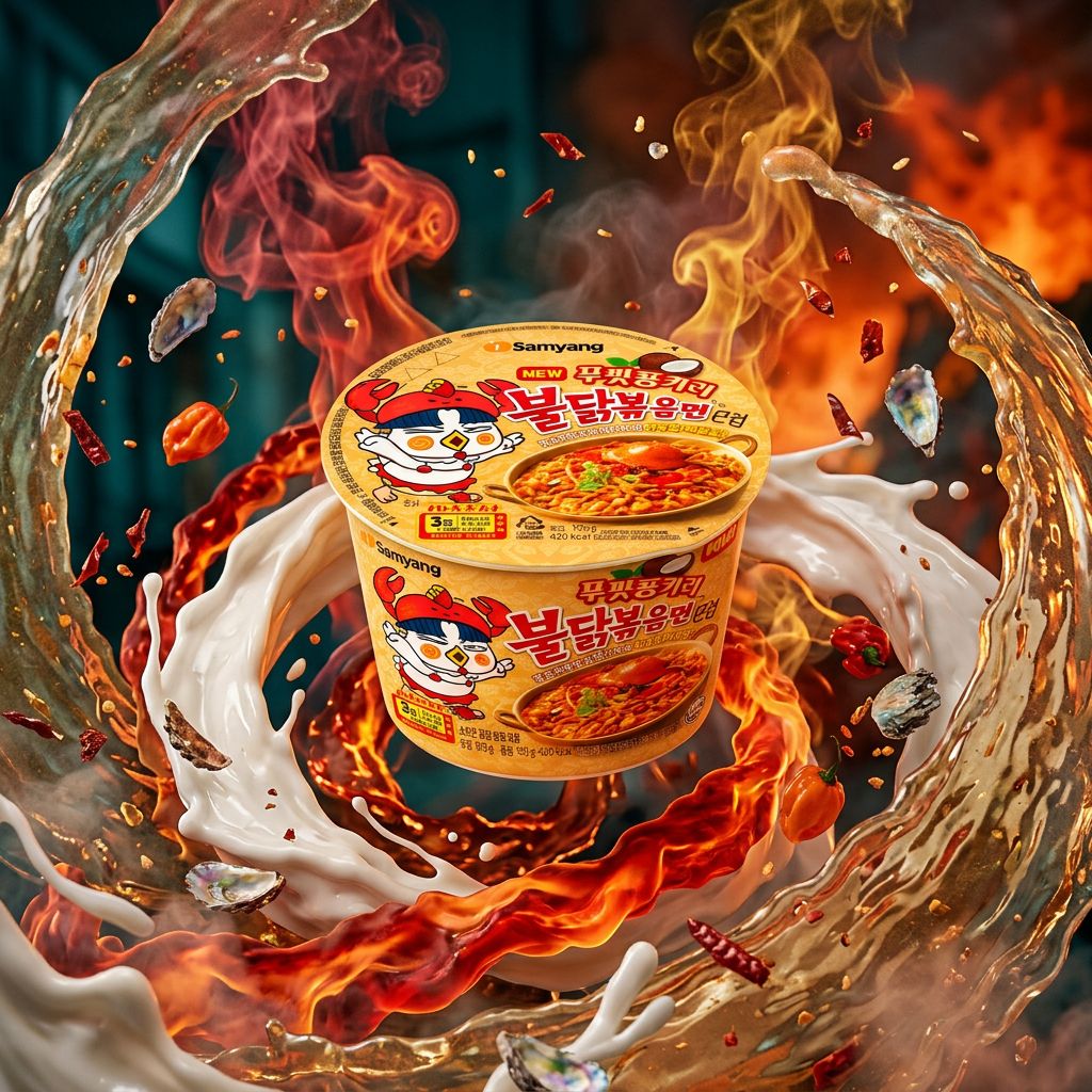 Samyang Buldak Poo Pat Pong Curry Ramen Cup, fusion coréo-thaï épicé, importé Corée du Sud, disponible sur My American Shop