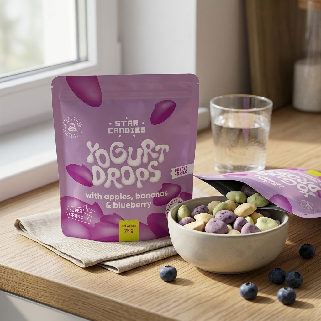 Star Candies Yogurt Drops lyophilisés pomme banane myrtille bio, snack américain importé, disponible sur My American Shop