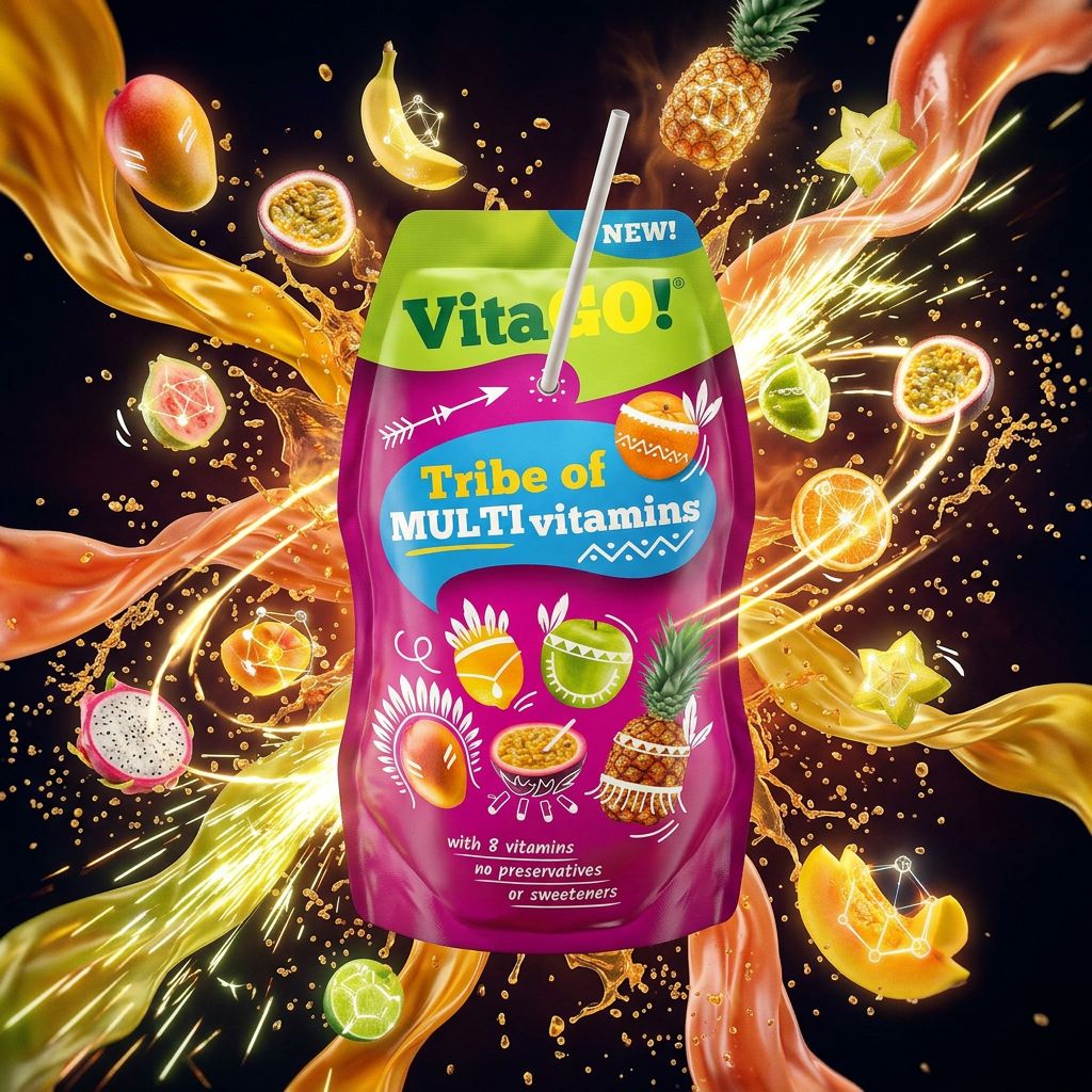Vitago Multivitamins, jus 10 fruits tropicaux enrichi vitamines B, bouteille importée, disponible sur My American Shop