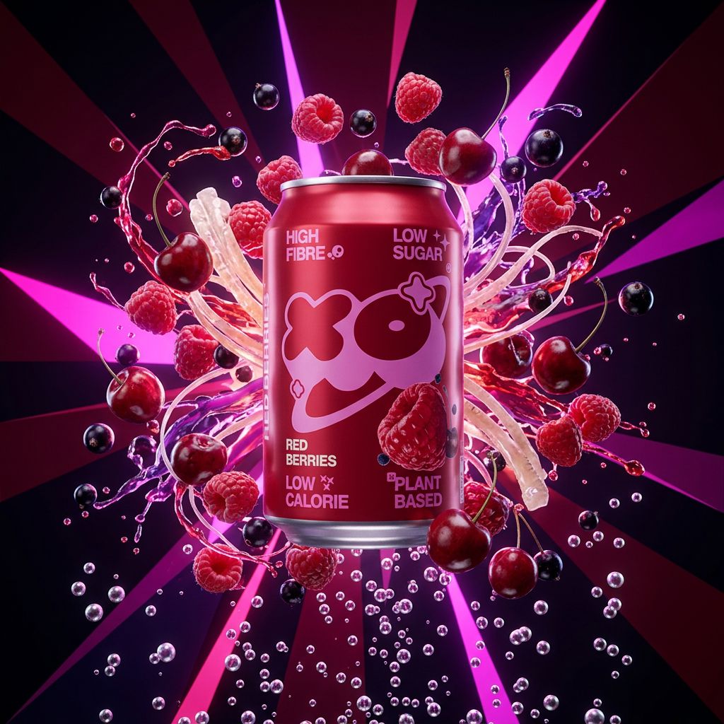 Canette XOXO Soda Red Berries, soda prébiotique fruits rouges américain 355ml, disponible sur My American Shop