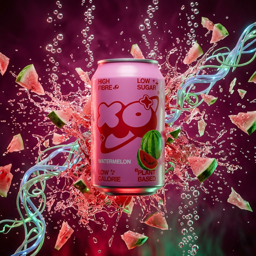 Canette XOXO Soda Watermelon, soda pastèque pétillant prébiotique américain faible en calories, disponible sur My American Shop