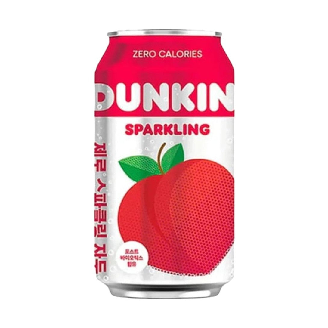 Une canette rose et blanche sur fond blanc avec un prune rouge au centre