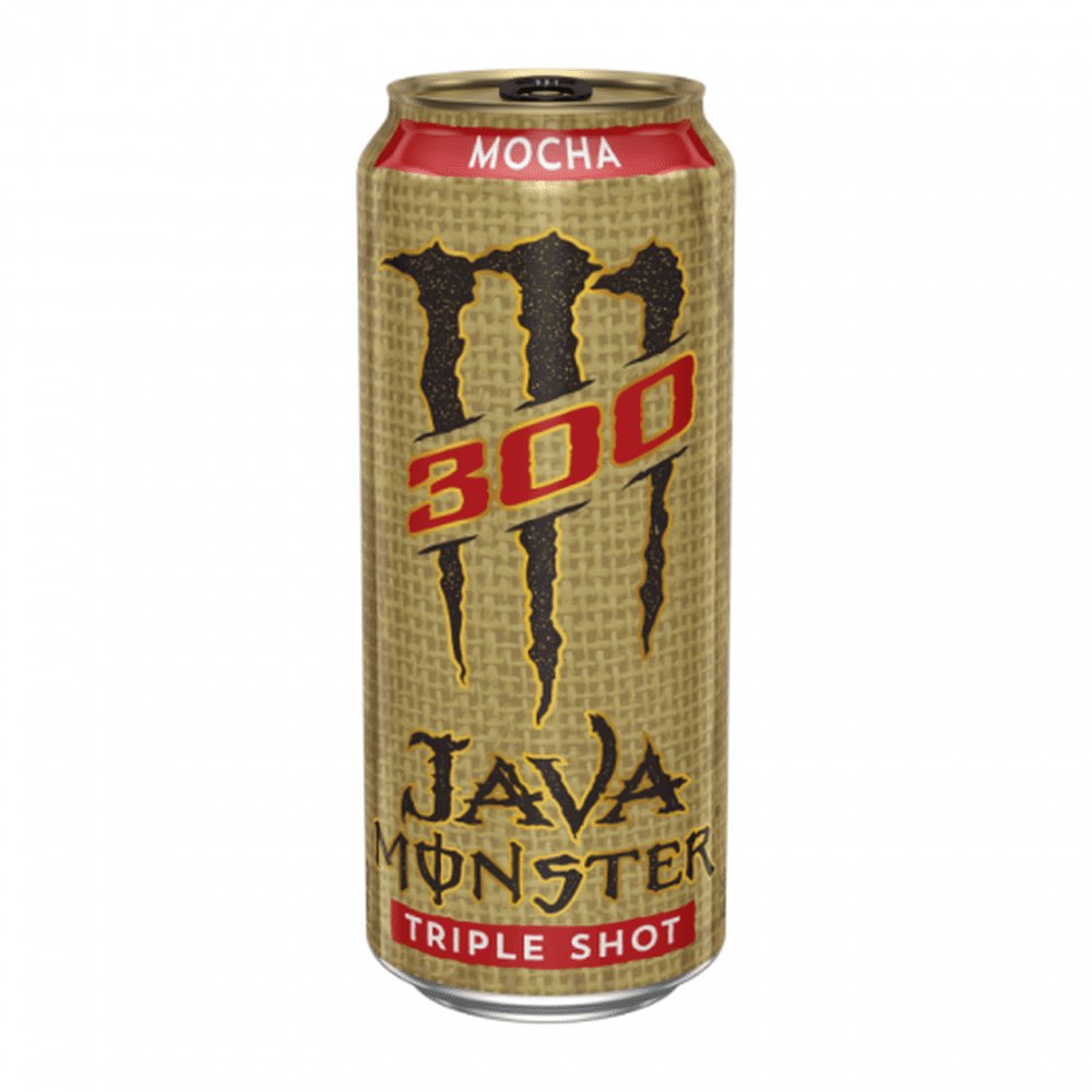 Une grande canette brune avec au centre le logo noir de Monster, un grand M et 300 en rouge. Le tout sur fond blanc