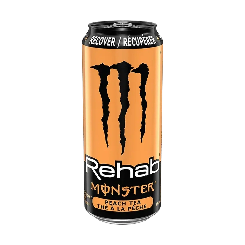 Une grande canette orange et noir avec au centre le logo noir de Monster, un grand M. Le tout sur fond blanc