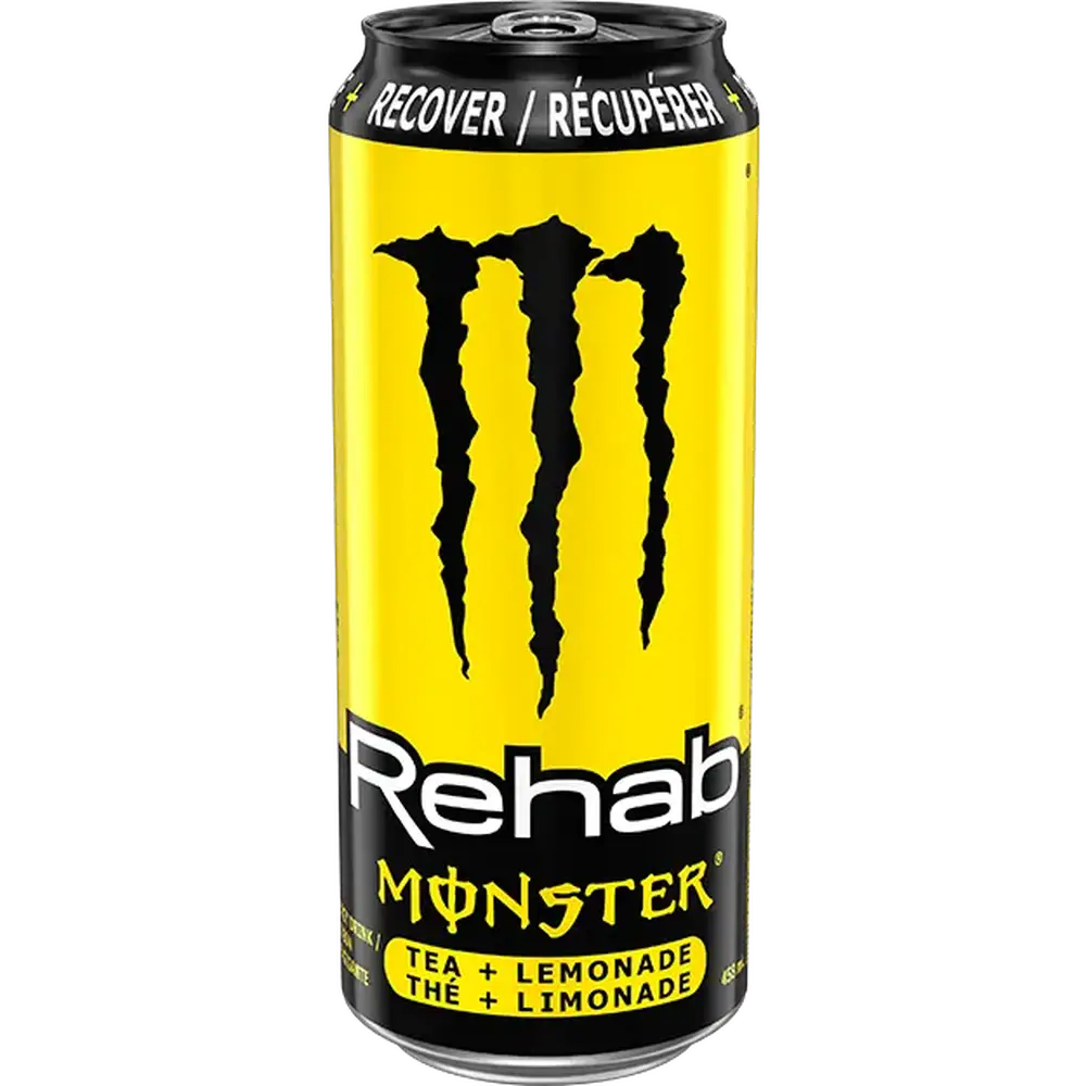 Une grande canette jaune et noir avec au centre le logo noir de Monster, un grand M. Le tout sur fond blanc