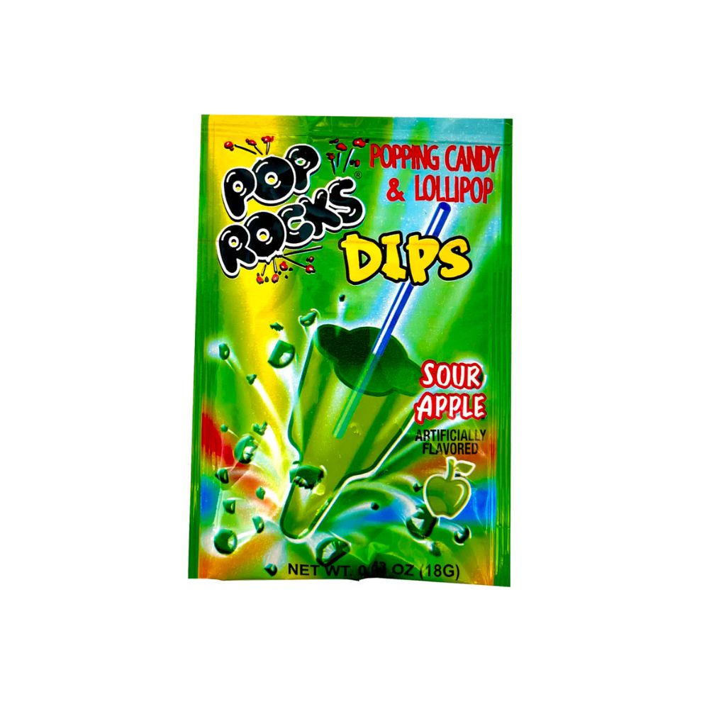 Un emballage vert sur fond blanc avec au centre une sucette en forme de fusée verte et autour il y a des éclats de bonbons verts