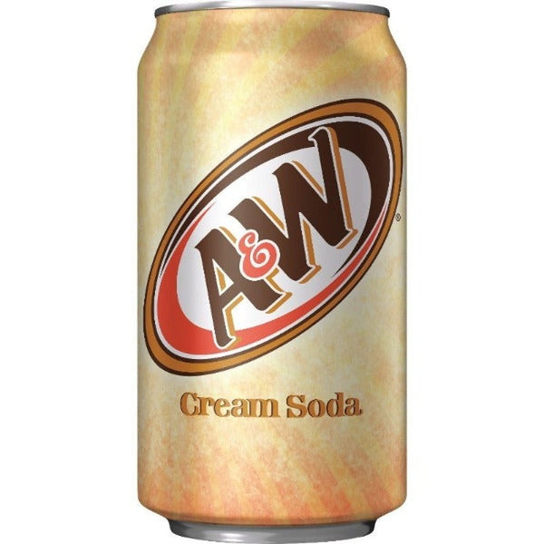 Une canette sur fond blanc avec des nuances de beige et de brun, au centre le logo « A&W » avec des couleurs rouge et marron. En-dessous il est écrit Cream Soda