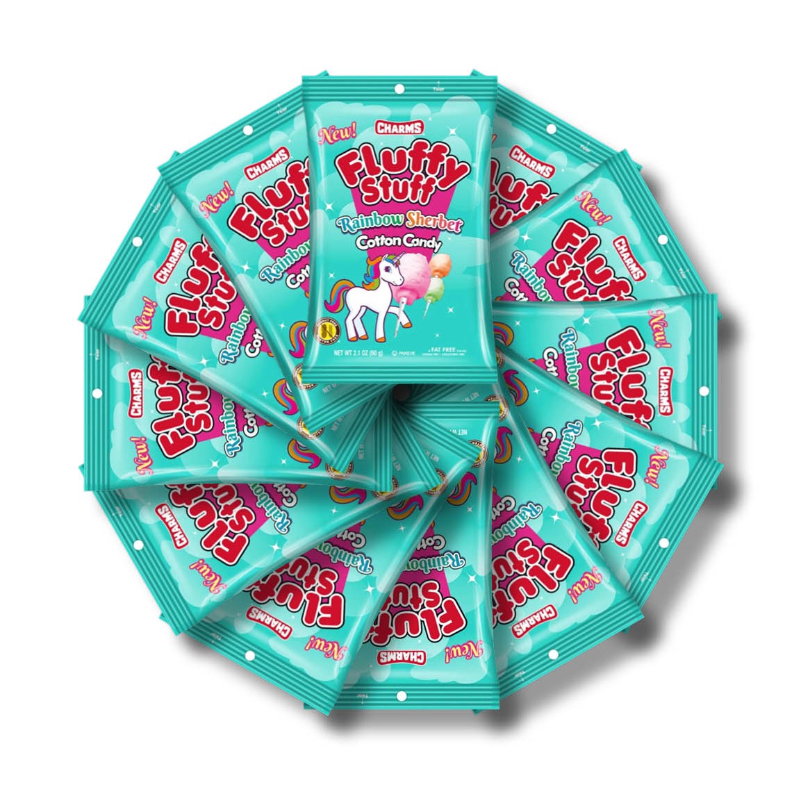 Plusieurs paquets de Fluffy Stuff bleu-vert entassés les uns sur les autres sur un fond blanc. Le tout forme une rosace