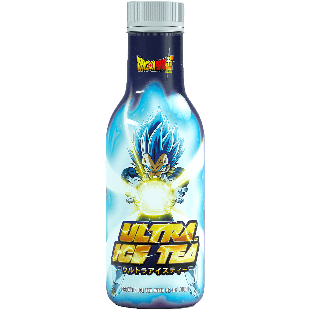 Une bouteille bleue sur fond blanc avec un homme aux cheveux bleus qui lance vers nous une boule d’énergie jaune