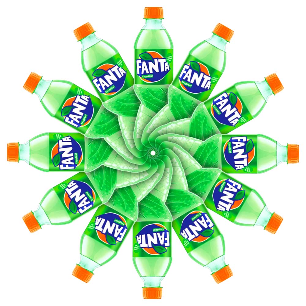 Plusieurs bouteilles vertes entassées les unes sur les autres sur un fond blanc. Le tout forme une rosace