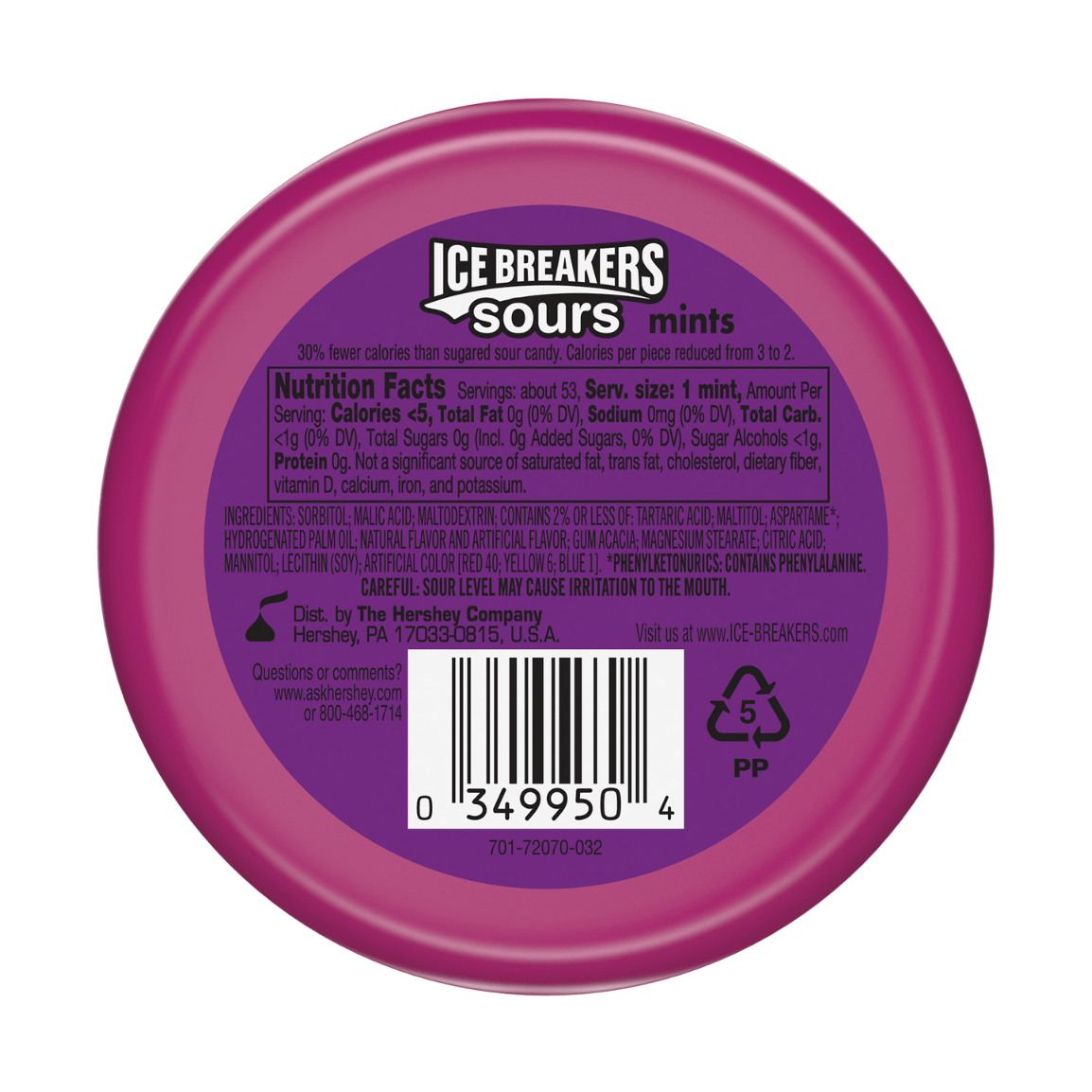L’arrière de l’emballage rond avec les instructions nutritives en noir sur un fond mauve et le contour de l’emballage est rose. Le tout sur fond blanc