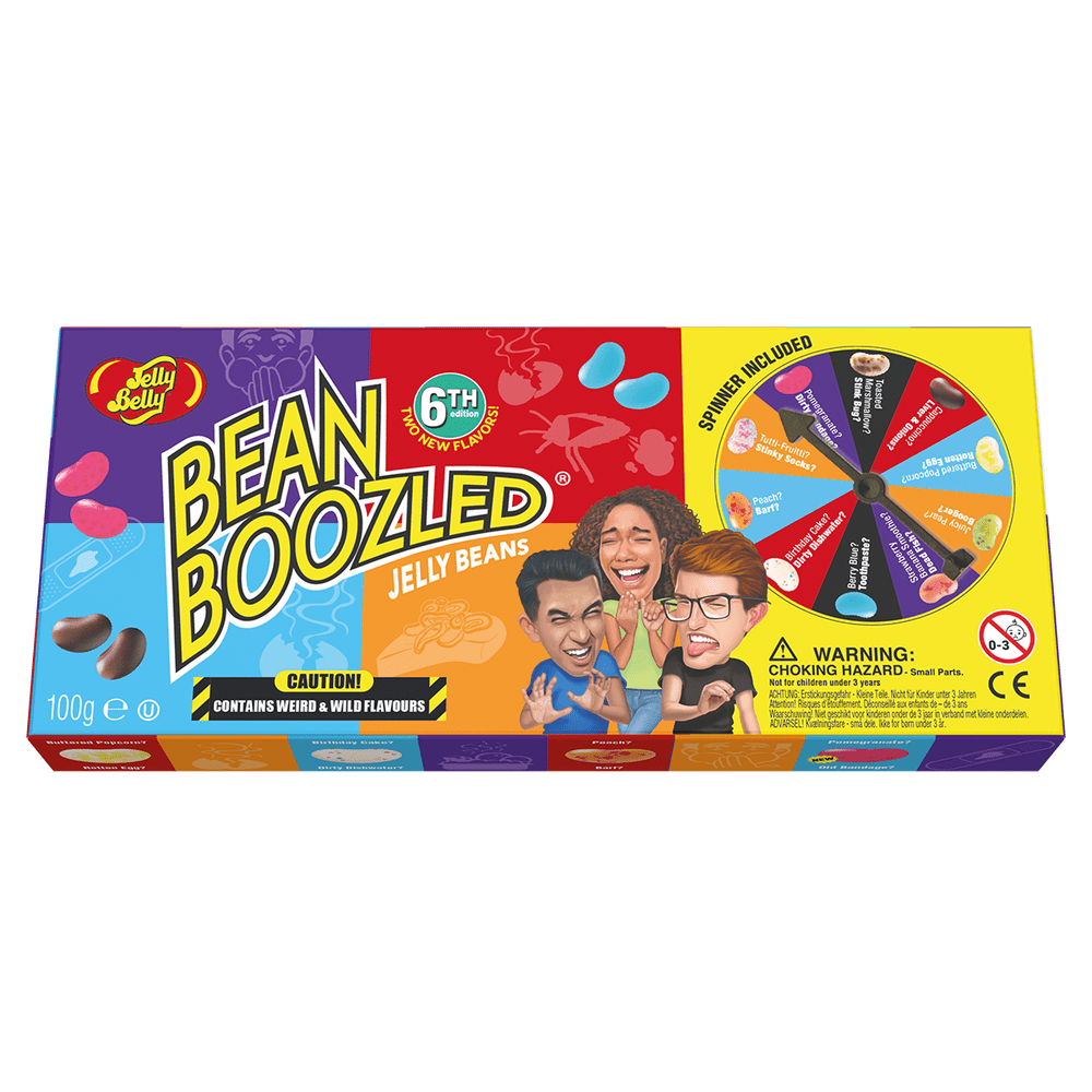Une boite colorée sur fond blanc, il y a 3 personnes qui font des grimaces de dégout et à droite il y a la roulette du jeu avec tous les Jelly dessus