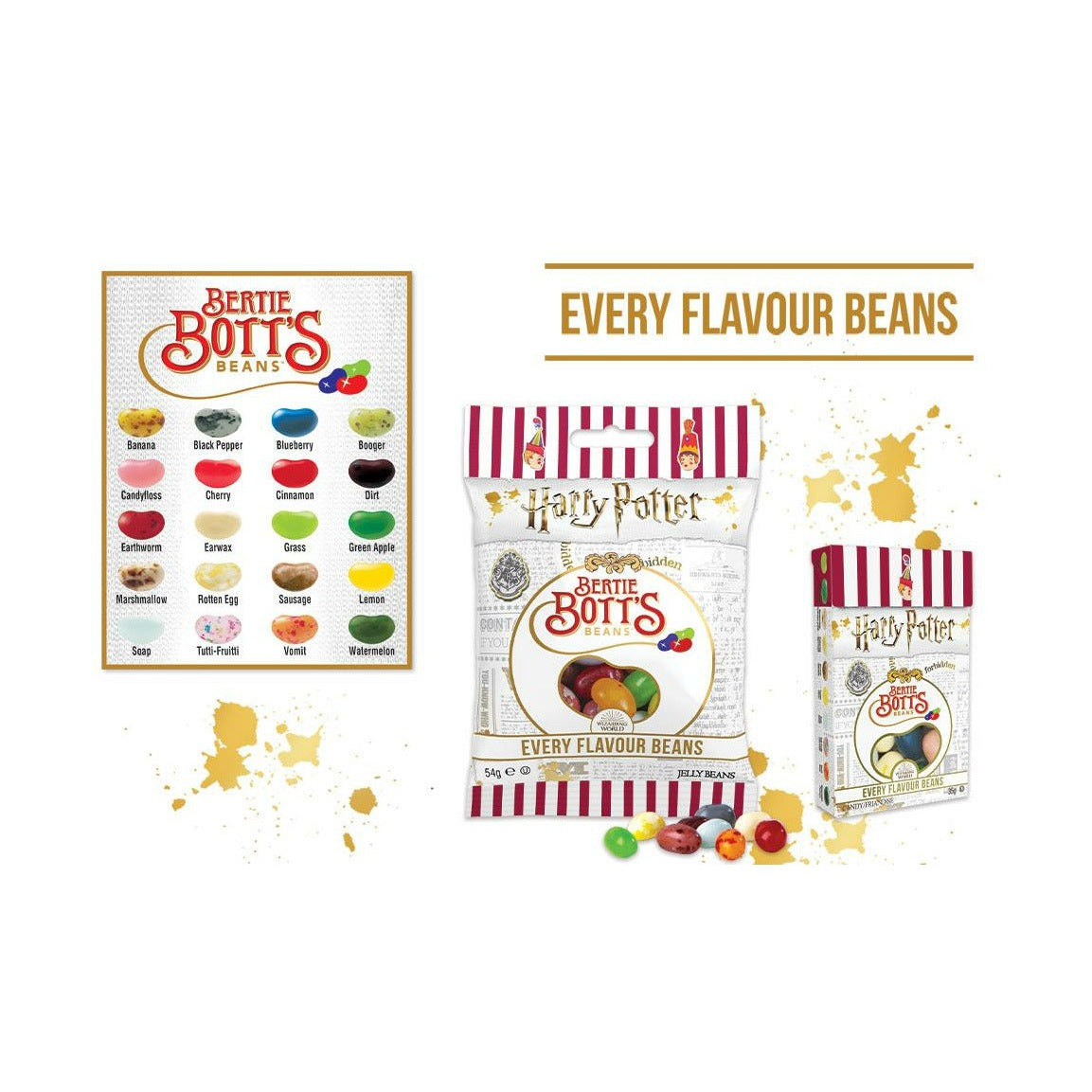 A gauche, plusieurs bonbons en forme d’haricots et à droite 2 paquet blanc rempli de Jelly Belly. Le tout sur fond blanc