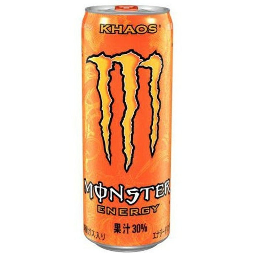 Une grande canette orange avec au centre le logo orange de Monster, un grand M. Le tout sur fond blanc