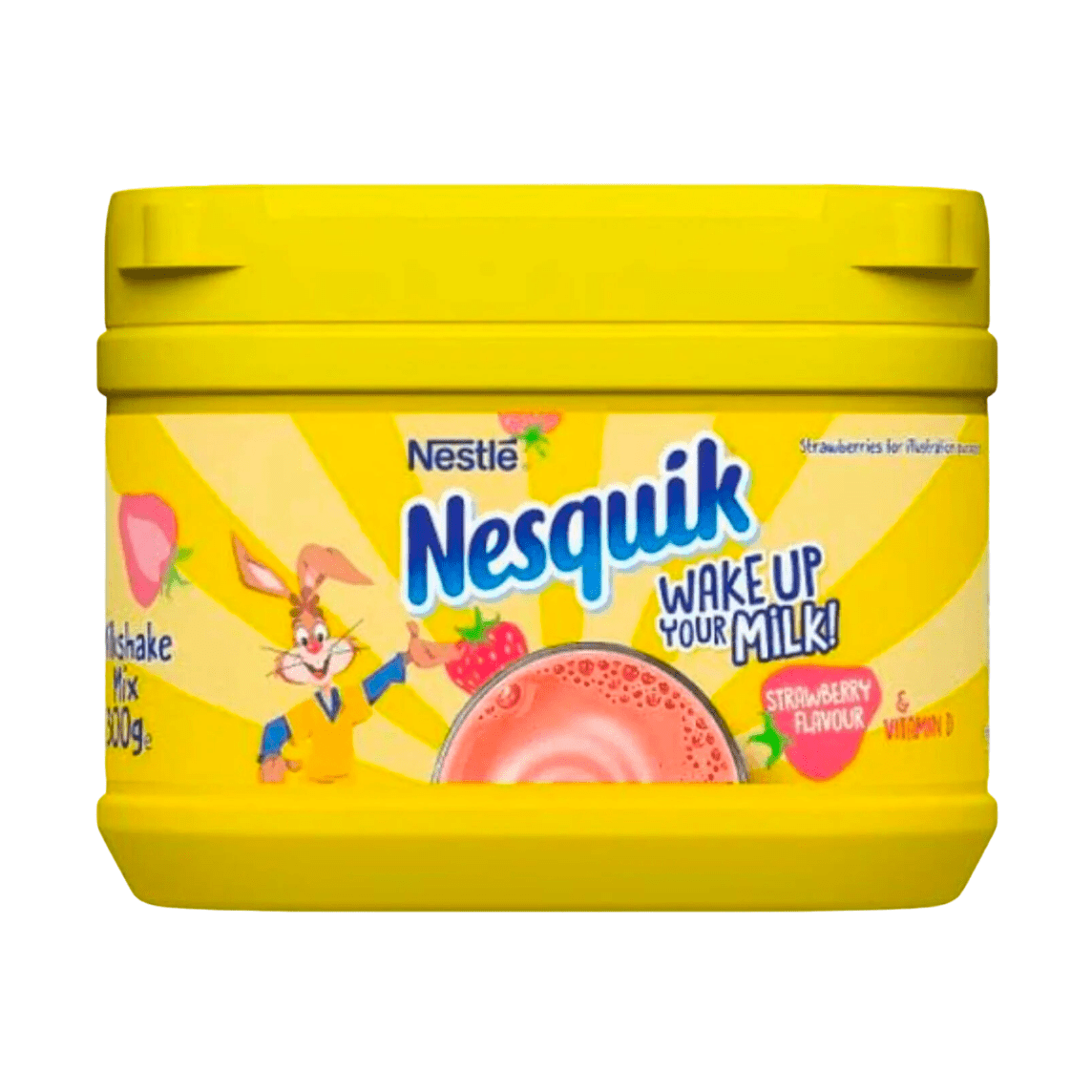 Un emballage jaune sur fond blanc, une étiquette jaune avec des fraises, à gauche un petit lapin en t-shirt jaune et rouge, au centre un verre d’un liquide rose vu d’en haut