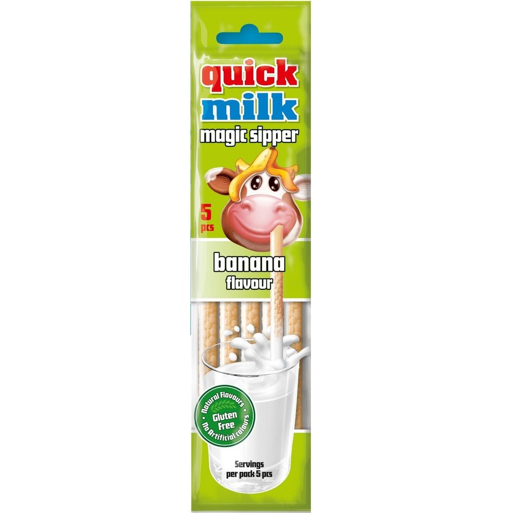 Un emballage rectangulaire vert sur fond blanc avec une vache qui une paille dans la bouche. Cette paille à des billes jaune et est dans un verre de lait 