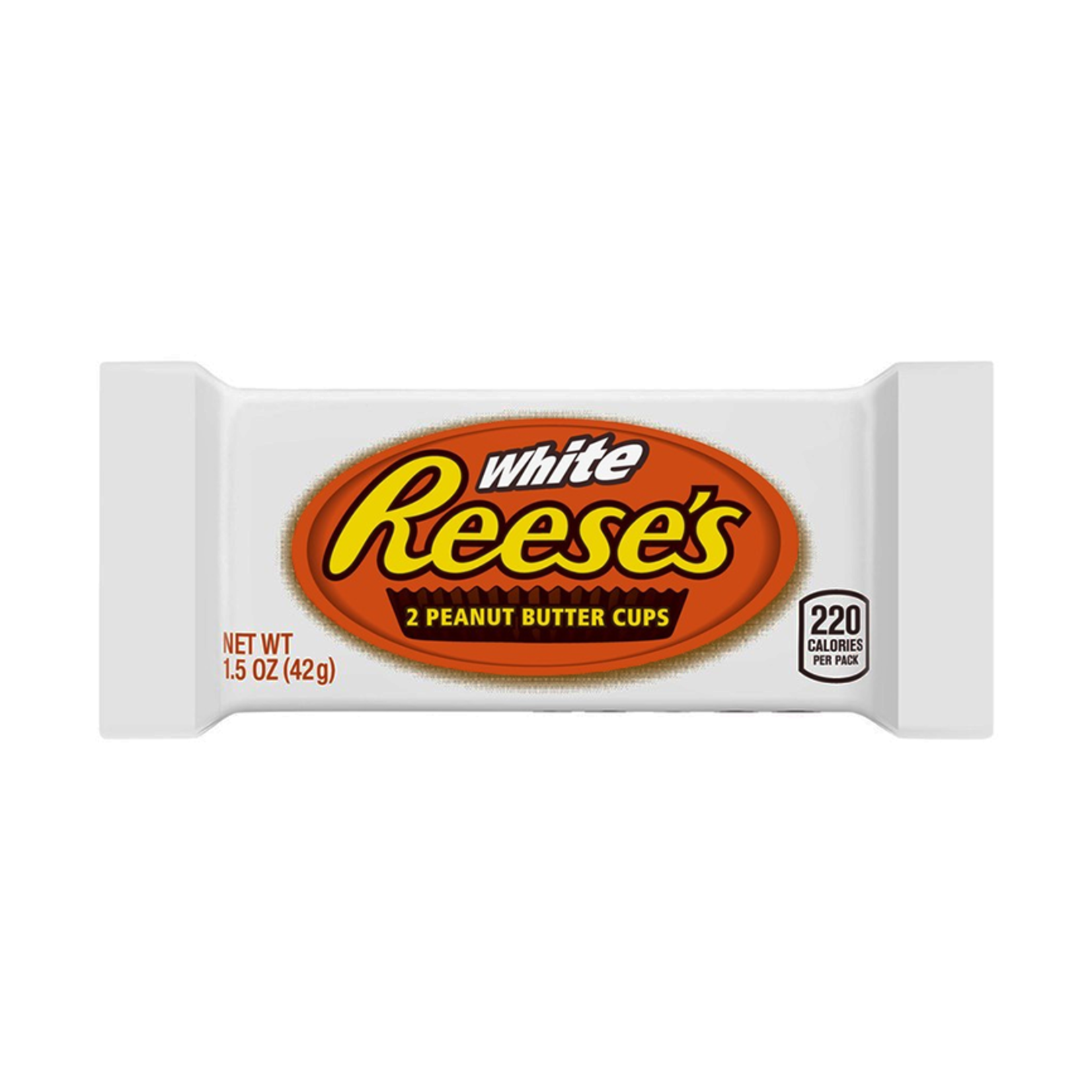 Un emballage blanc avec au centre un ovale orange où il est écrit « Reese’s » en jaune, le tout sur fond blanc