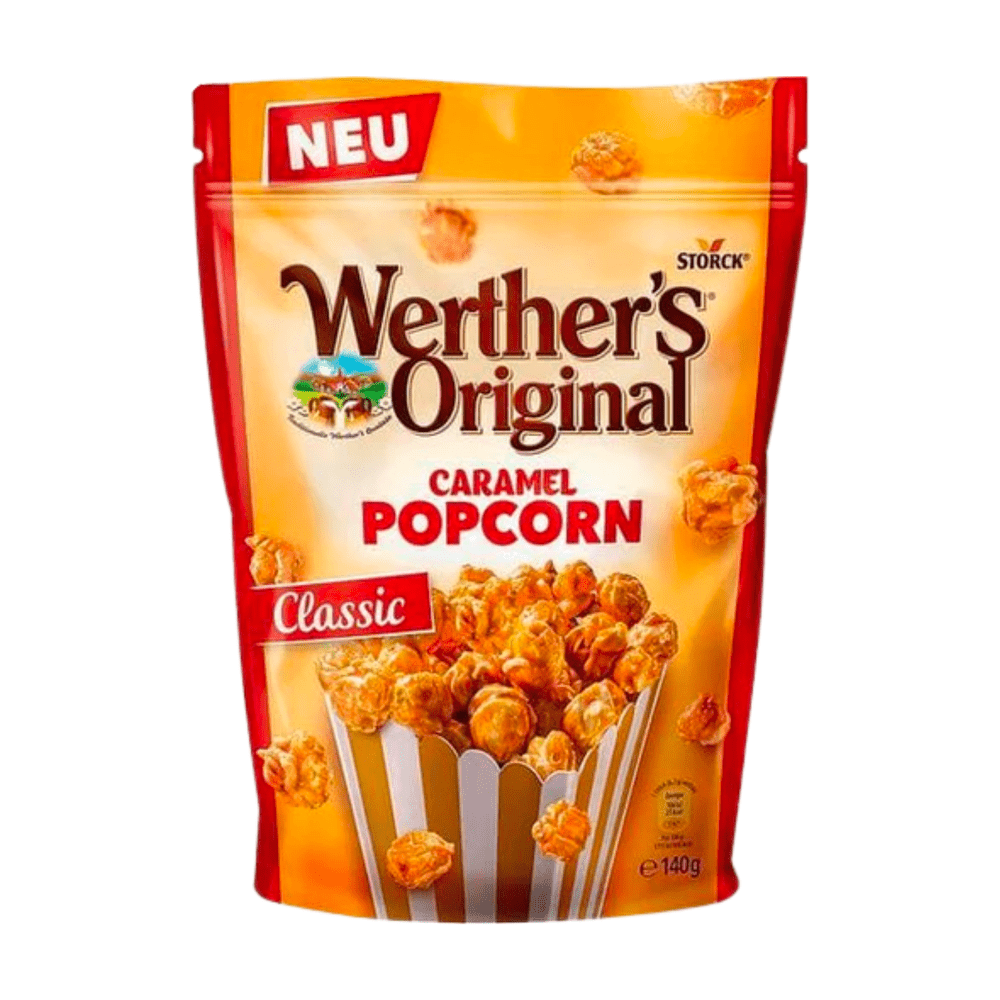 Un emballage de couleur orange et aux extrémités rouge, avec un paquet de popcorn au caramel. Sur le côté gauche, il y une étiquette « Classic » le tout sur fond blanc