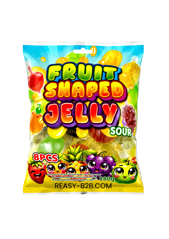 Fruitvormige zure jellies in een zak