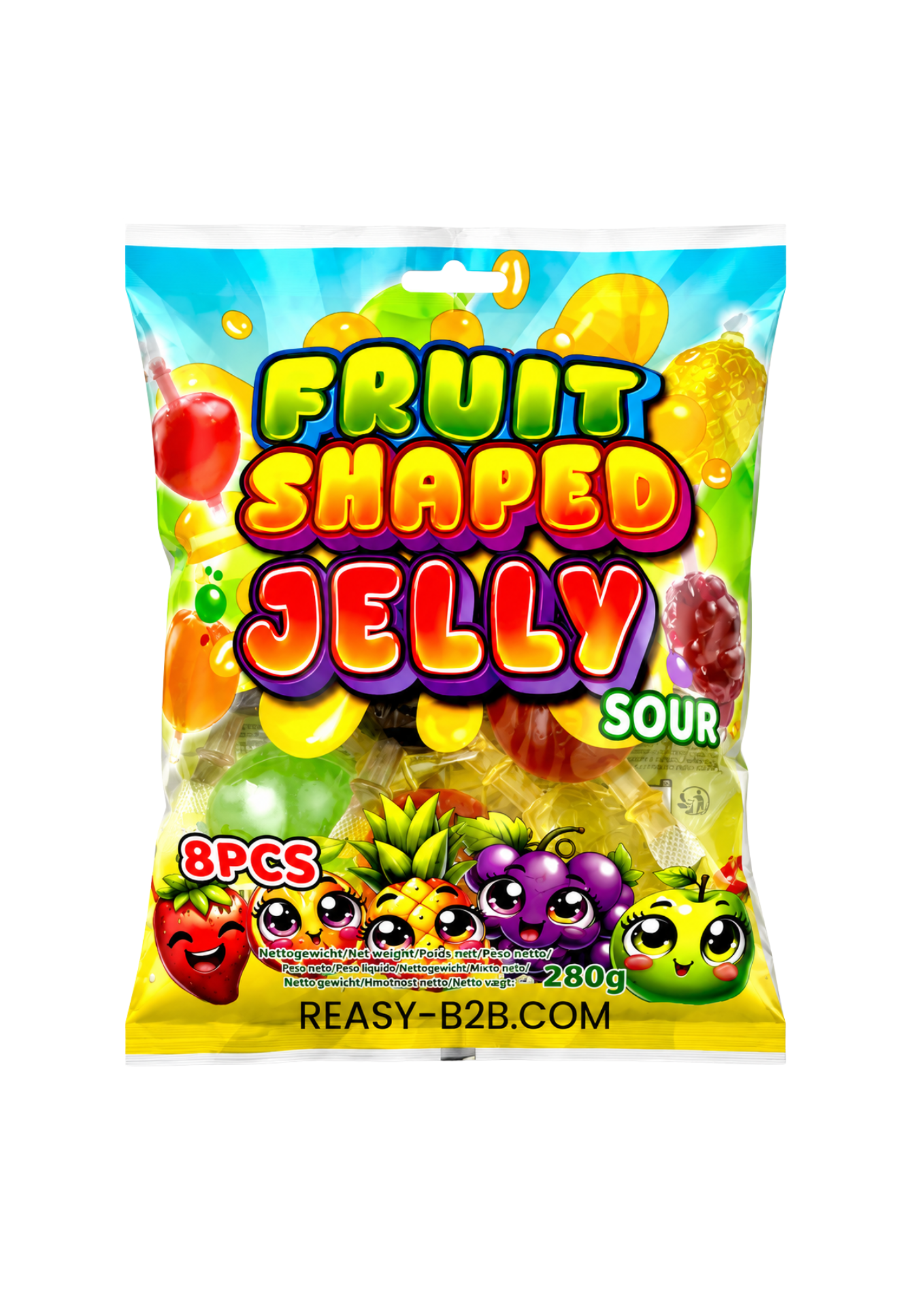 Fruitvormige zure jellies in een zak