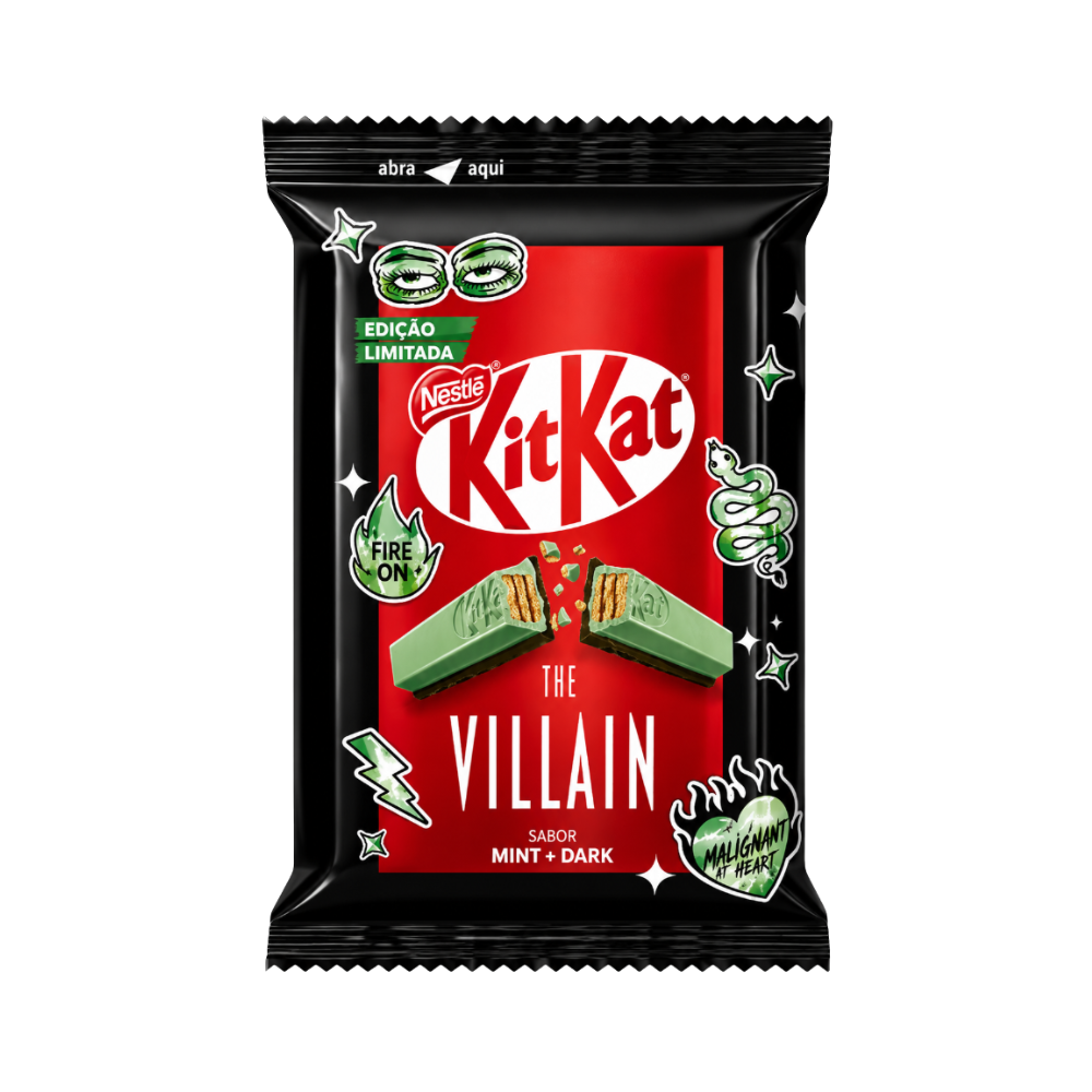 Kit Kat The Villain Mint, gaufrette chocolat noir menthe édition limitée, packaging sombre violet et noir