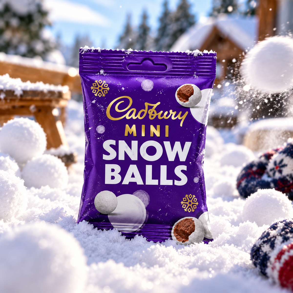 Sachet violet Cadbury Mini Snowballs, petites boules de chocolat enrobées de sucre blanc, photographié dans un décor enneigé.