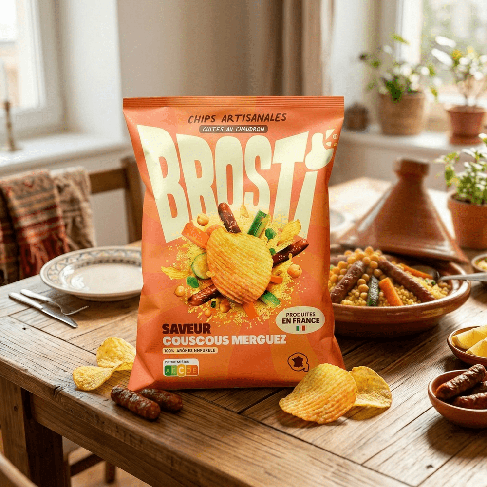 Le paquet de snack salé Brosti Couscous merguez de McFly & Carlito est posé sur une table à manger et bois, à côté du paquet de chips se trouve un plat de couscous dans une tajine  – disponible sur My American Shop