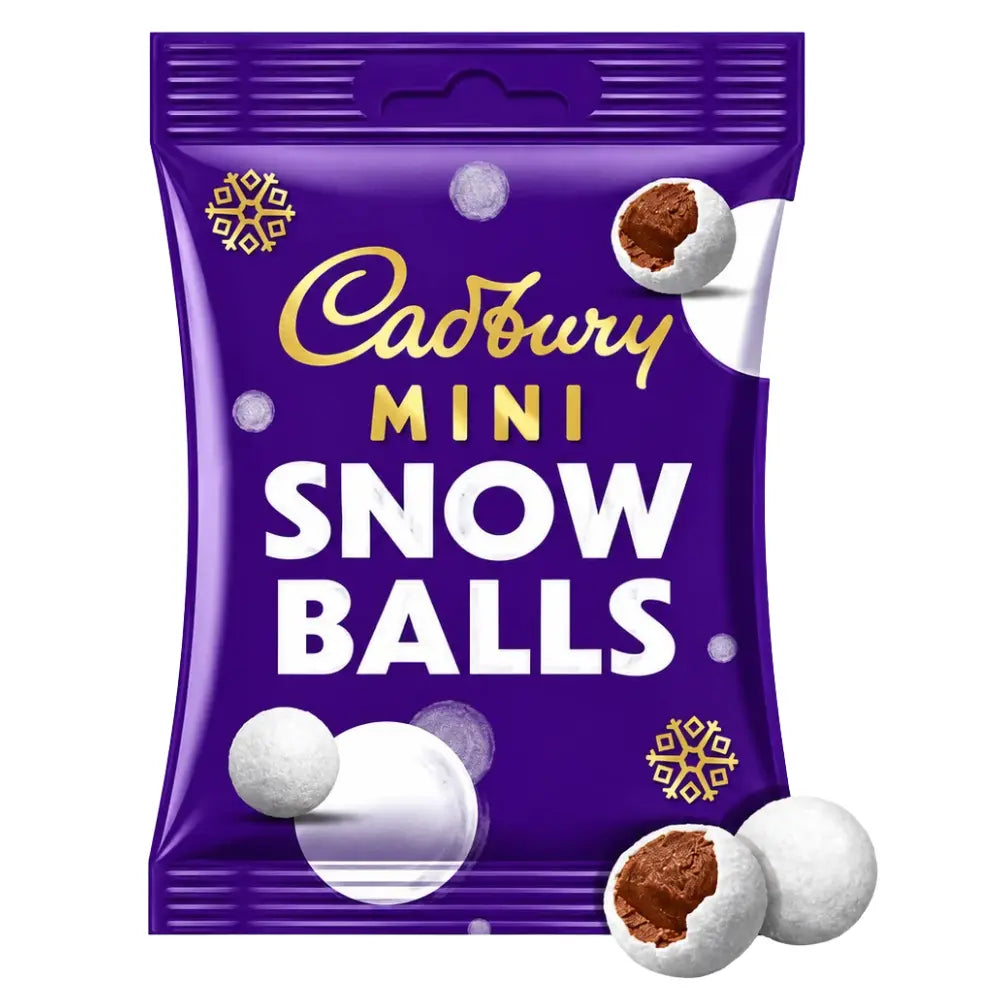 Sachet violet Cadbury Mini Snowballs, petites boules de chocolat enrobées de sucre blanc