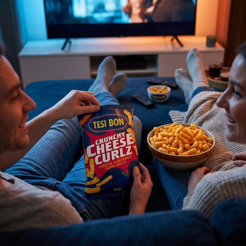 Le paquet de snack salé Tesi Bon Crunchy Cheese Curlz est posé sur une table basse en bois, à côté d’un bol de chips et de verres de vin rouge ; en arrière-plan, un couple installé dans un canapé sourit, tandis que la télévision diffuse un film – disponible sur My American Shop
