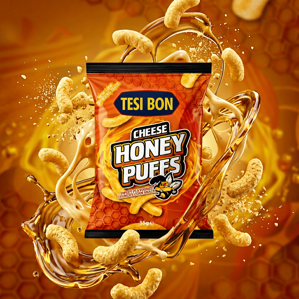 Autour du paquet de snack salé Tesi Bon Honey Puffs Cheese en lévitation, dans un univers dynamique, gravitent des chips, des éclats de chips, ainsi que des tourbillons de miel et de fromage fondu – disponible sur My American Shop
