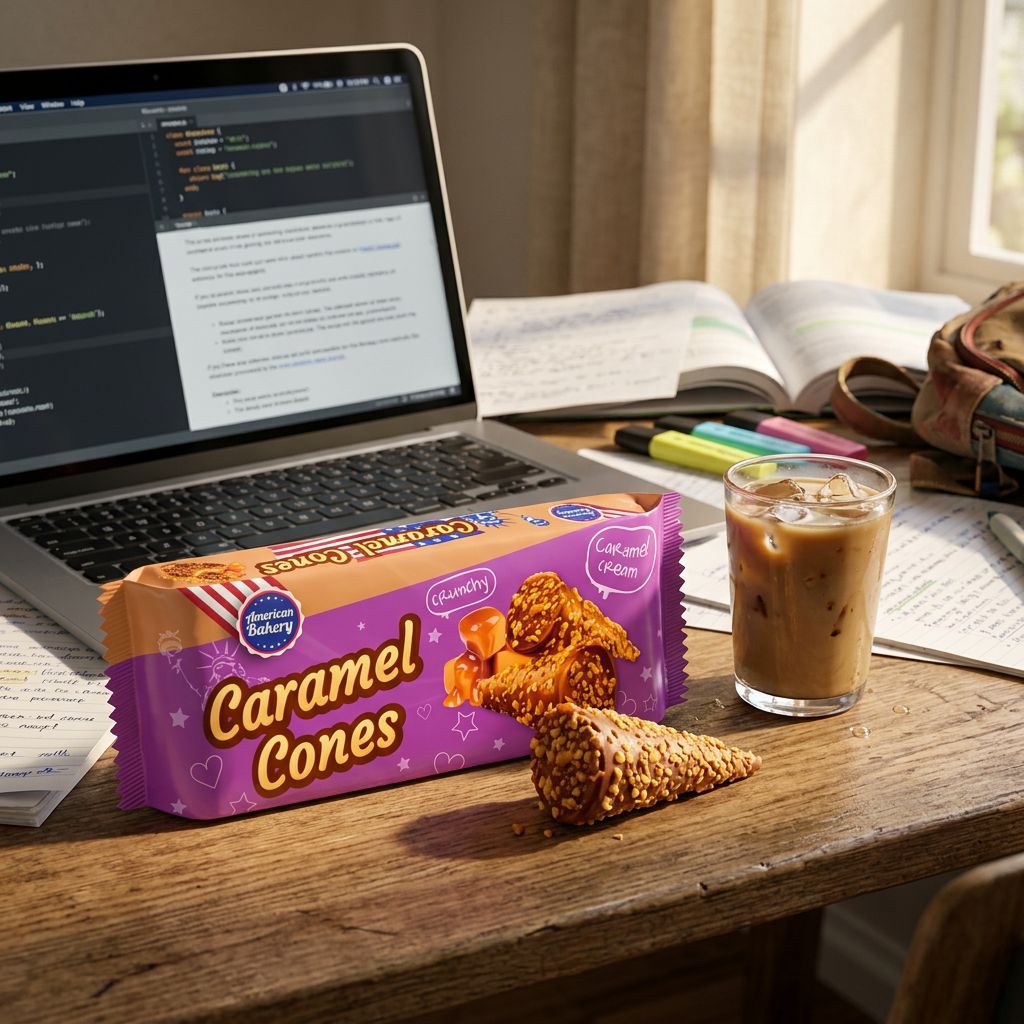 American Bakery Cones Caramel, cônes gaufrés fourrés crème caramel et enrobage cacao, snack américain, disponible sur My American Shop