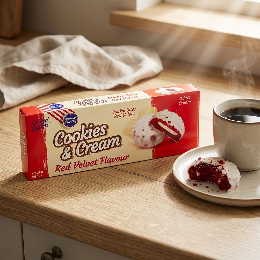 Cookie américain American Bakery Red Velvet Cookies & Cream, biscuit fondant cacao et crème, disponible sur My American Shop