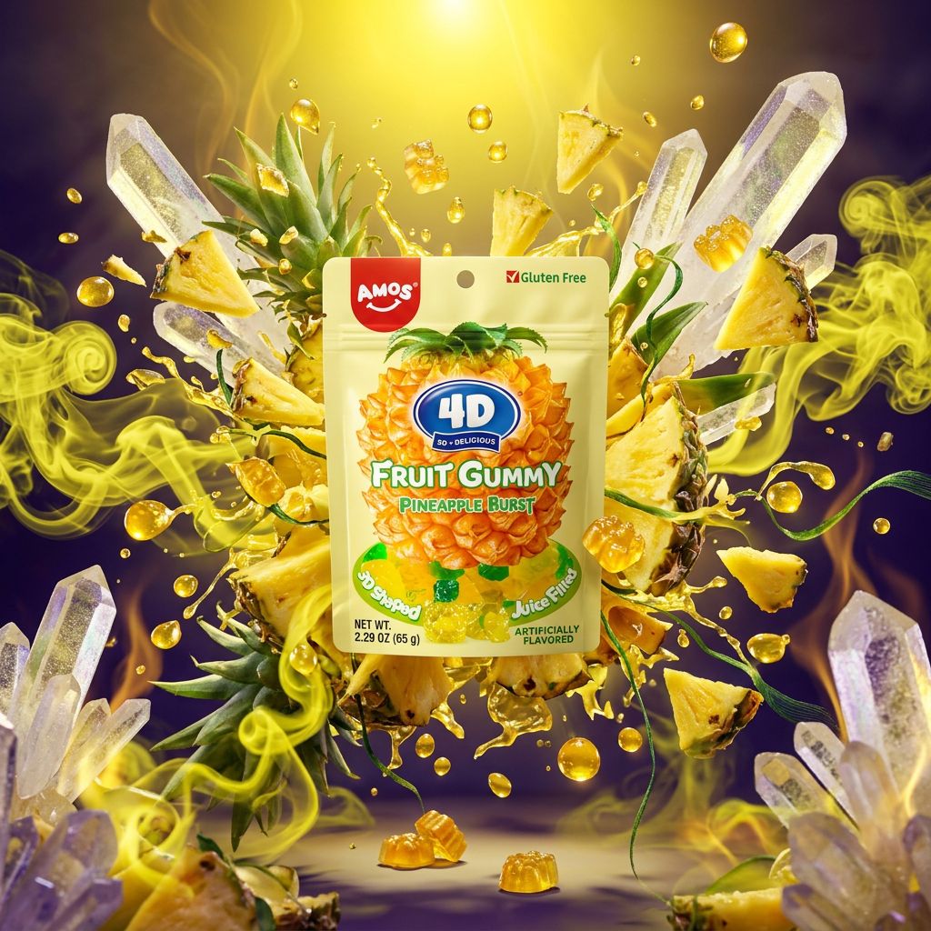 Amos 4D Fruit Gummy Pineapple, bonbons gélifiés ananas premium, importés d'Asie, disponible sur My American Shop