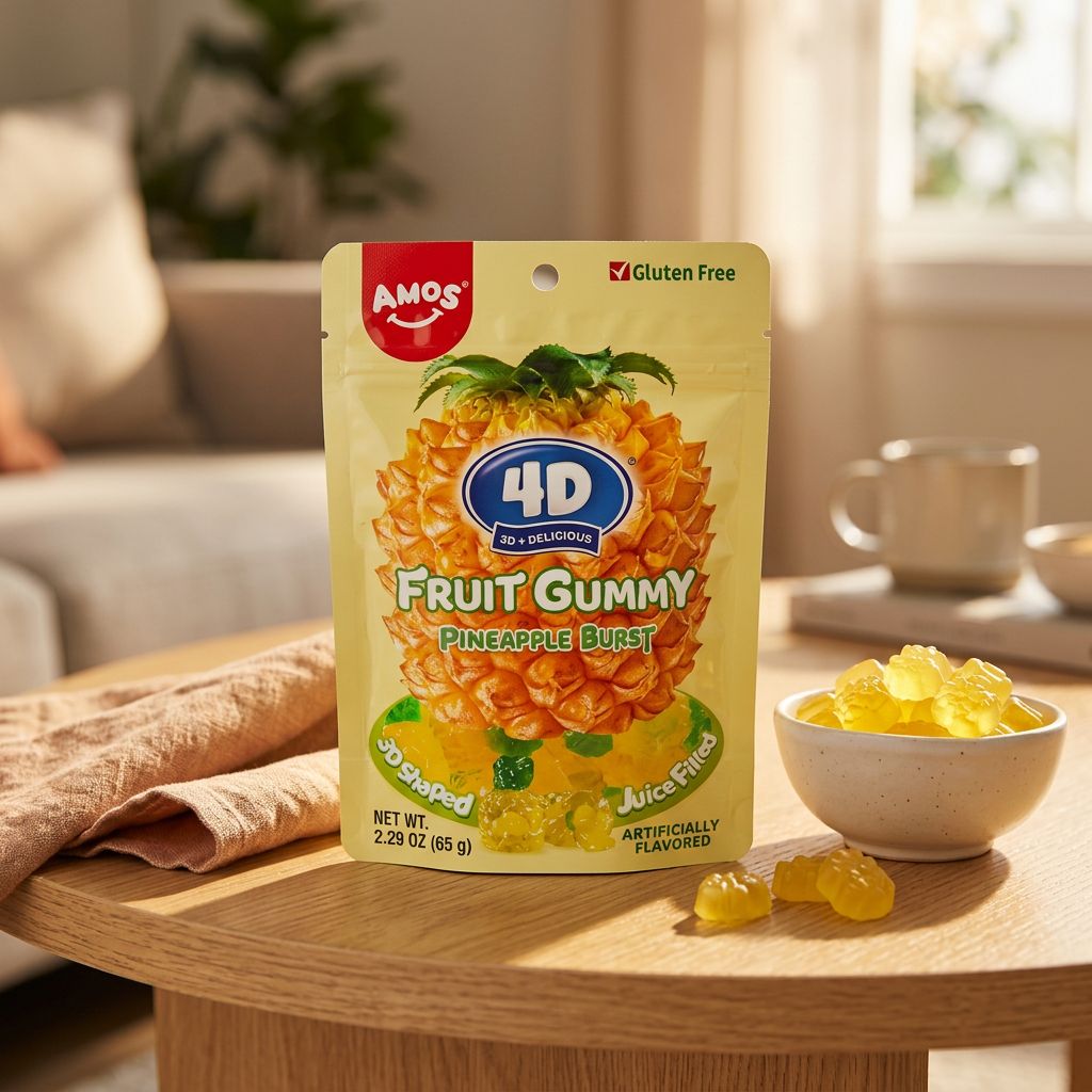 Amos 4D Fruit Gummy Pineapple, bonbons gélifiés ananas premium, importés d'Asie, disponible sur My American Shop
